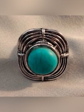 Turquoise Stone Silver-Tone Statement Ring
